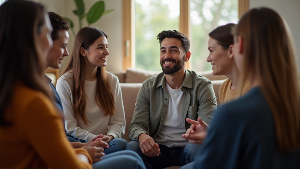 Group of diverse people in supportive circle discussion, sitting together in warm indoor setting with natural light