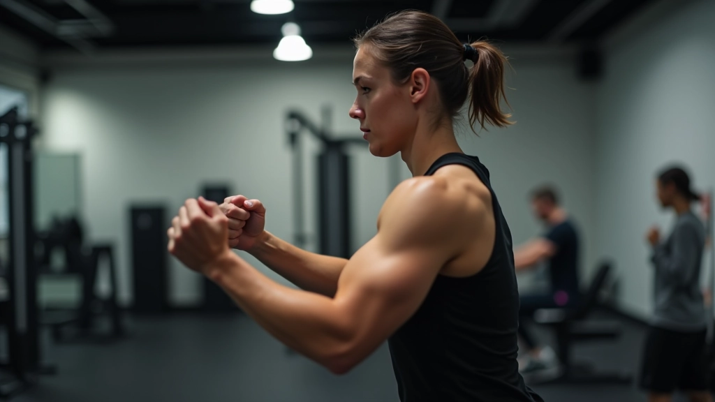 Person mid-training movement, strength training in gym setting, focused form, proper technique, professional lighting