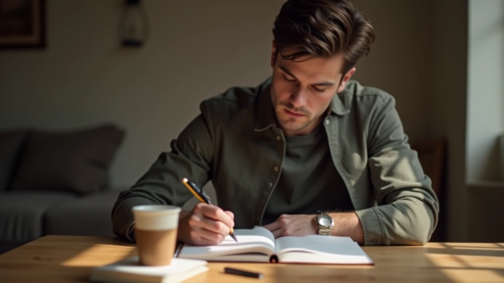 Person writing in journal with pen at desk, reflection and personal growth concept, warm study environment