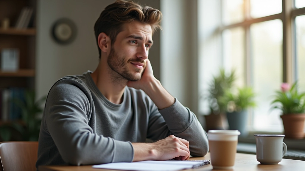 Person sitting at desk looking out window thoughtfully with notebook and coffee, natural morning light