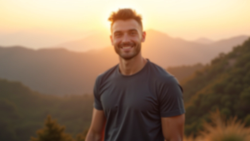 Person at sunrise on mountain peak, triumphant moment after climbing journey