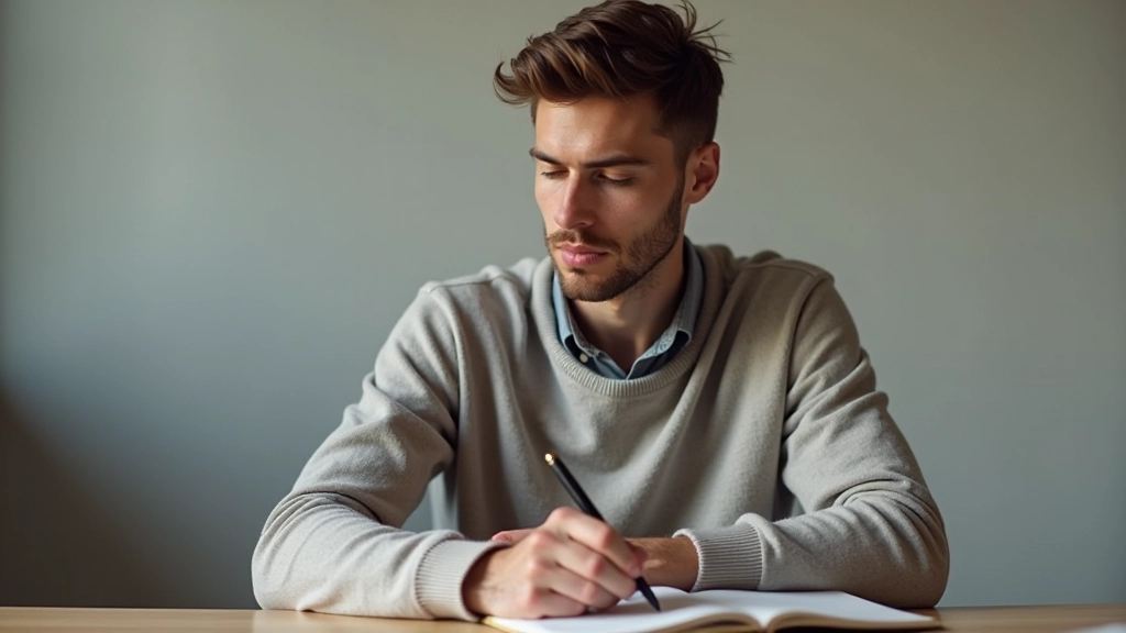 Person writing in journal with pen, reflective learning moment