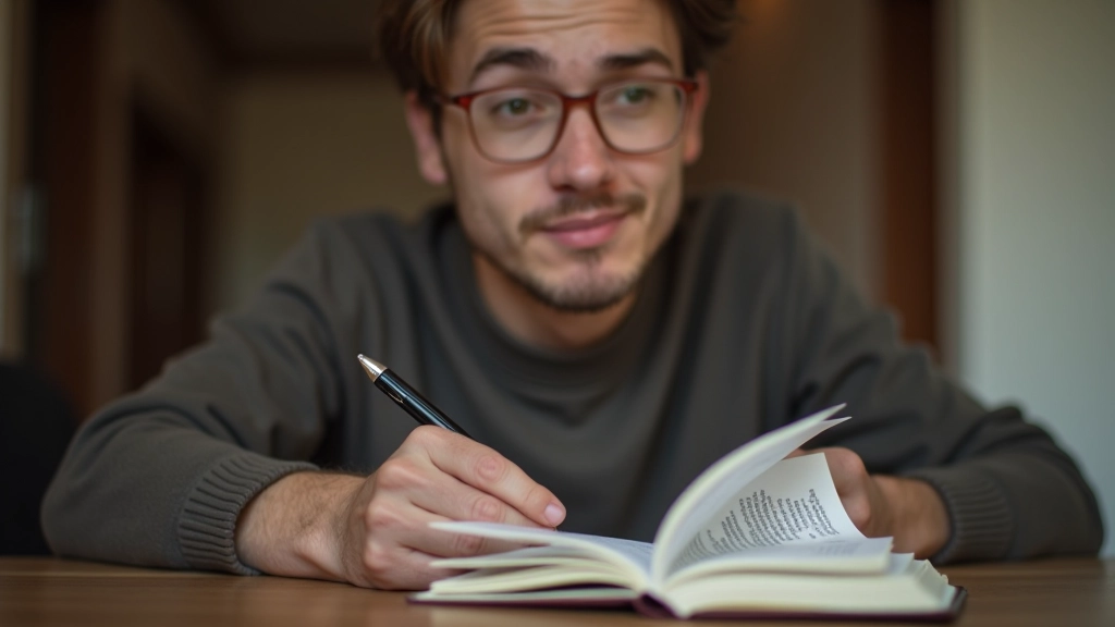 Close-up of hands holding notebook and pen, thoughtful expression, warm indoor lighting, personal reflection moment
