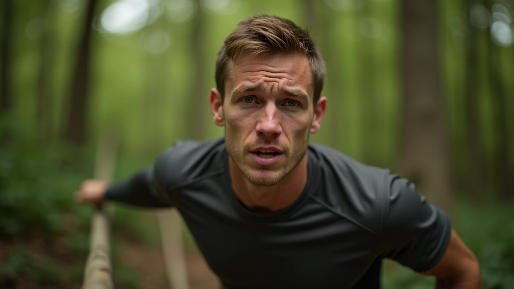 Person training outdoors on wooden obstacle course, focused determination, natural lighting with trees in background