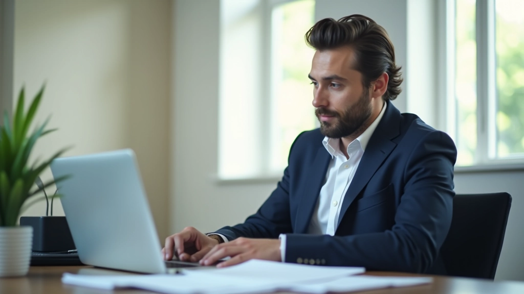 Person sitting at desk with laptop, reviewing notes and documents, focused work environment with natural lighting
